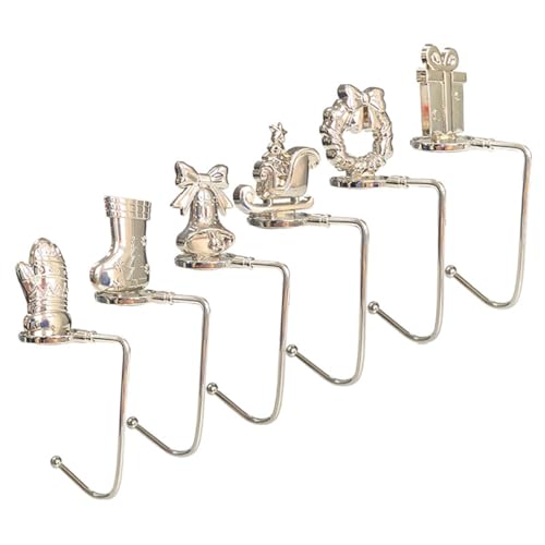 Image of 6-Pack Christmas Stocking Hangers, Stocking Hooks for mantels, with Patterns of Wreath, Presents, Bells, Christmas sleighs, Gloves & Shoe Covers, Non-Slip Metal Hanger Clips.