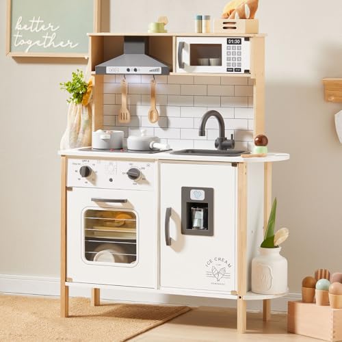 Comparison: Best Kitchen Set For Toddlers 4 Tiny Land Play Kitchen for Kids, Wooden Kids Play Kitchen Playset Chef Pretend Play Set for Toddlers with Real Lights & Sounds, Toys Kitchen with 18 Pcs Toy Food & Cookware Accessories