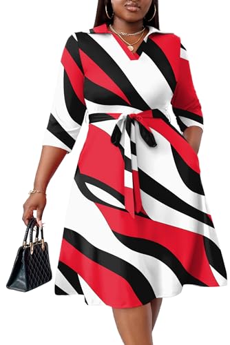 Image of FANDEE Plus Size Midi Dress for Women - Printing Summer Dresses for Wedding Guest Cocktail Party 3 /4 Sleeve V Neck(L-5XL)