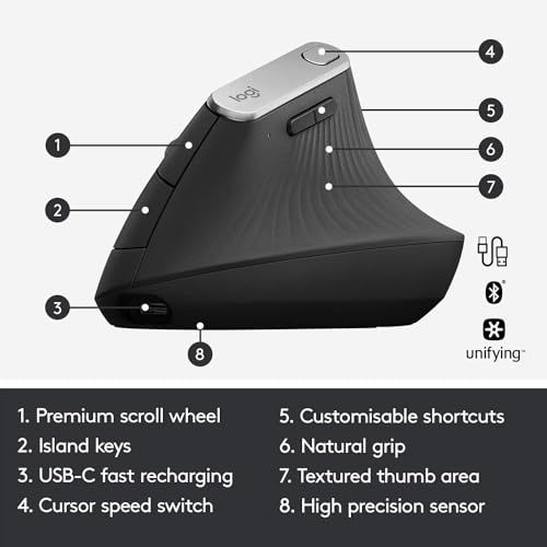 Image of Logitech MX Vertical Wireless Mouse - Ergonomic Design Reduces Muscle Strain, Move Content Between 3 Windows and Apple Computers, Rechargeable, Graphite