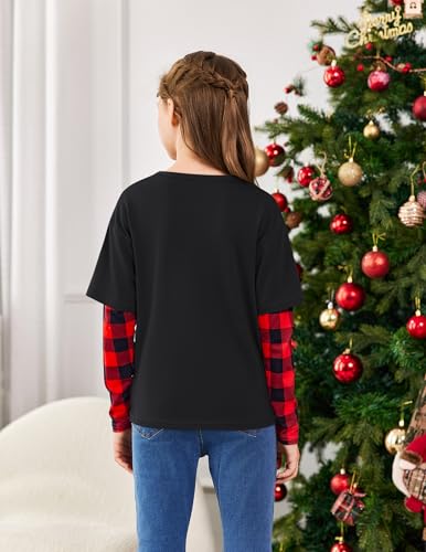 Image of Arshiner Girls Christmas Halloween Long Sleeve Shirts Graphic Stripe Plaid Patchwork Top Tee