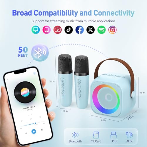 Image of Karaoke Machine, Portable Bluetooth Speaker with 2 Wireless Microphones for Kids, Karaoke Toys Gifts Toys for Girls Boys Family Home Party (Blue)