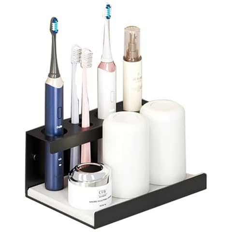 Niciksty Electric Toothbrush Countertop Holder, Self Adhesive Toothbrush Storage Rack with Diatomite Dish, Wall Mounted Toothbrush Stand Compatible for Bathroom, Shower Cover