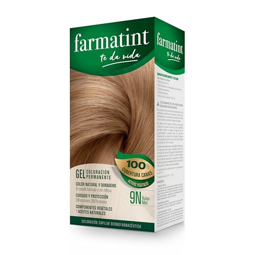 Farmatint Gel 9N Rubio Miel , Tinte Vegetal Permanente, Sin Amoníaco, Cobertura Completa de Canas, Cuida y Protege tu Cabello, Unidad de 135 ml