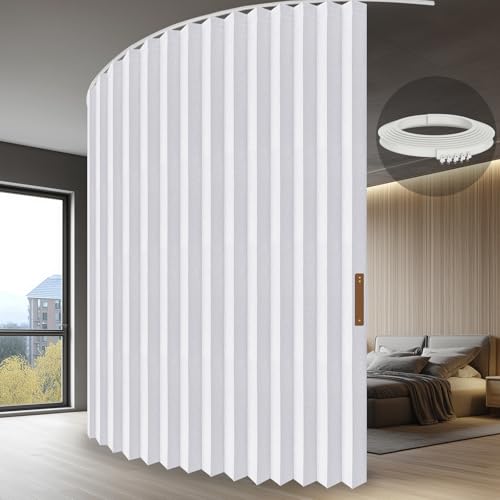Image of JILRON Hanging Accordion Room Divider with Track System - Ceiling-Mounted Partition Curtain, Simple Installation(White 100 inch W x 108 inch L-Pack of 1)