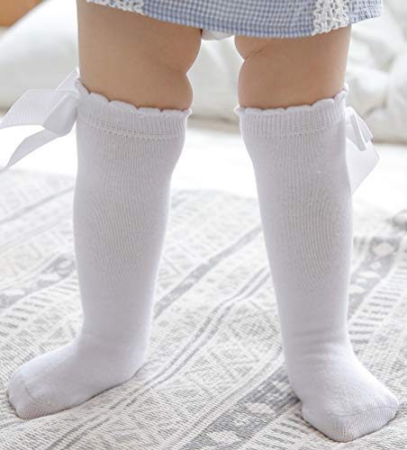 Maorrew 2 Pack Baby Girls Knee High Socks Bow Long Stockings Infants Toddlers Cotton Ruffled Uniform Leggings2