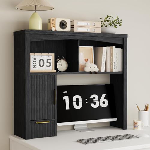 Image of Desk Hutch Shelf, Desktop Shelf Organizer 37 inch Wide Desktop Bookshelf 2-Tier Wood Hutch Bookcase Organizer with Drawer Dorm Table Shelves Desk Shelves Office Bookshelf with Storage-Black
