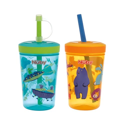 Nuby Thirsty Kids Super Sipper – 14oz No-Spill Toddler Cup with 360° Silicone Valve & Swivel Straw – Leak-Resistant