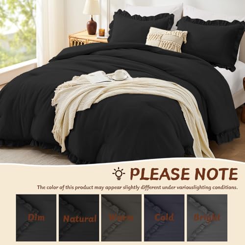 Image of FUANNA King Size Comforter Set Black, 3 Pieces Ruffle King Bedding Set, Fluffy Farmhouse Bed in a Bag King with 1 Lightweight Comforter & 2 Pillowshams