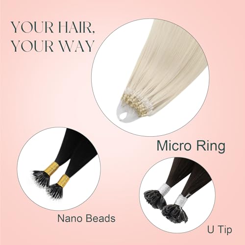 Image of Easyouth Micro Beads Hair Extensions Blonde, Cold Fusion Hair Extensions | Microlink Hair Extensions Human Hair White Blonde 14 Inch 57g 50s, Invisible, for Girls, Micro Ring Hair Extension Human Hair