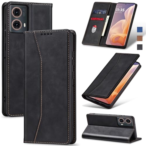 Image of Jasonyu Flip Case for Motorola Moto G85 PU Leather Flip Wallet Cover Stand Function Magnetic Card Slot TPU Bumper Case (Black)