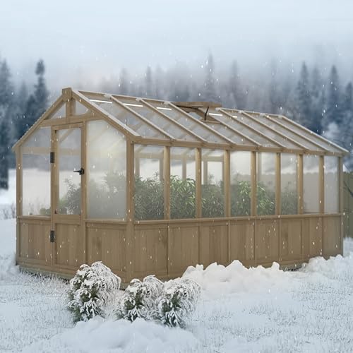 Image of MUPATER 8 x 16 FT Wooden Greenhouse for Outdoor, Heavy Duty Greenhouse Kit with Window Vent and Lockable Door, Walk-in Green Houses for Patio, Garden, Backyard and Lawn, Brown