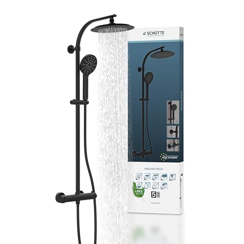 SCHÜTTE MADURA Duschsystem mit Thermostat Duschset Regendusche inkl. Kopfbrause Handbrause mit Duschstange Überkopf Brauseset Duschsäule Duscharmatur in Matt Schwarz