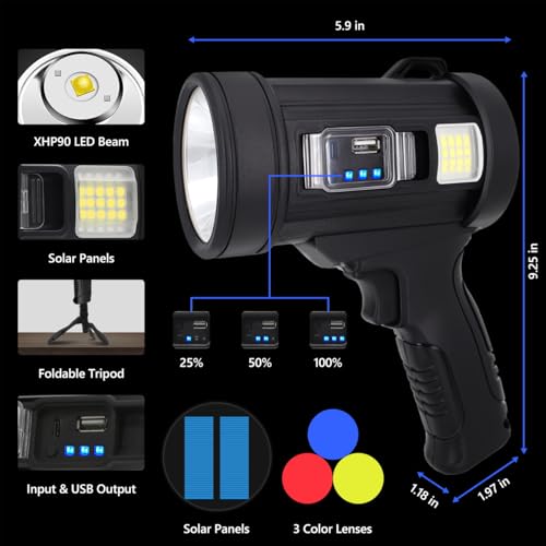 JSKNB Spotlight 100000 Lumens, 6 Modes Led Rechargeable Spotlight Flashlight As Seen on TV with Tripod, Color Filters, Super Bright Solar Spot Lights Outdoor Handheld for Hunting, Boating, Camping