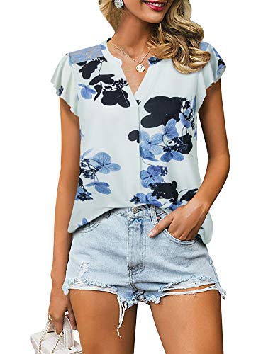 Gaharu Printed Blouses for Women, Short Sleeve Tunic Top to Wear with Leggings Lace T Shirts Tops Notch Neck Cool Loose Fit Chiffon Summer Tops Light Blue,X-Large