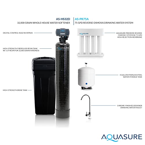Aquasure 32,000 Grains Whole House Water Filter Bundle with Automatic Digital Metered Control Softener and 75 GPD RO Reverse Osmosis Drinking System | Removes Hardness | Ideal for 1-3 bathrooms