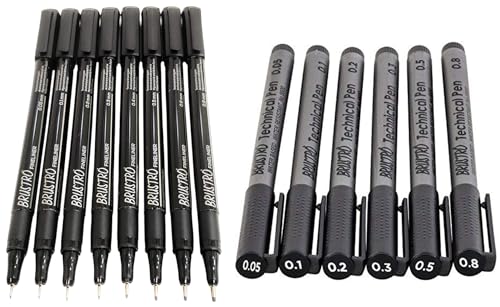 Image of BRUSTRO Technical Pen (Pack of 6) Professional Pigment Based Fineliner - Pack of 8 (Black)