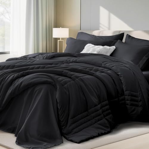 Queen Comforter Set Black – Bed in a Bag Queen Size 7 Pieces, Soft Bedding Set for All Seasons, Premium Queen Comforter Set with Comforter, Sheets, Pillowcases & Shams