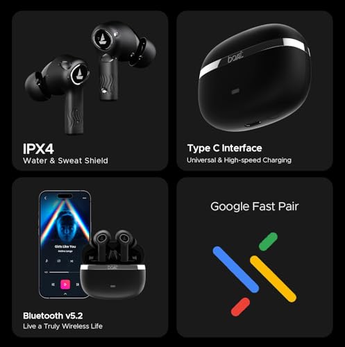 Boat Nirvana Ion, 120HRS Battery, Crystal Bionic Sound w/Dual EQ Modes, 4Mics ENx, App Support, Low Latency, IPX4, v.5.2 Bluetooth Earbuds, TWS Ear Buds Wireless Earphones with mic (Charcoal Black) 8 411MeP+4sGL