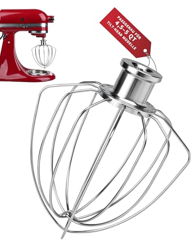 6-Draht Schneebesen für KitchenAid 4.5-5QT Kippkopf-Mixer Edelstahl Ersatz für K45WW K45 KSM75 KSM150 Artisan & Classic Serie Spülmaschinenfest ideal für Eiercreme Mayonnaise & Kuchenteig