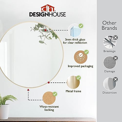Design House Kenna Round Wall Accent Mirror – 28-Inch, Modern Metal Framed – Living Room, Bedroom, Bathroom Vanity Mirror – Gold – 2-Pack, 590026