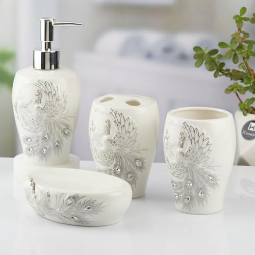 Image of Kookee Ceramic Bathroom Accessories Set of 4 | Soap Dispenser & Toothbrush Holder | Modern Luxury Bath Set | White & Silver Gift Set (10095)