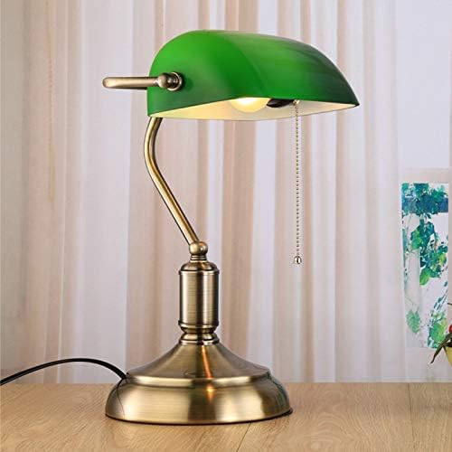 HJXDtech Vintage Desk Lamp/Table Light/Bedside Study Office Banker's Lamp with Green Glass Shade,Brass Base and Pull Switch