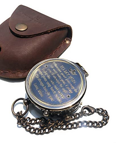 Brújula de latón grabada con estuche de cuero miniatura 1