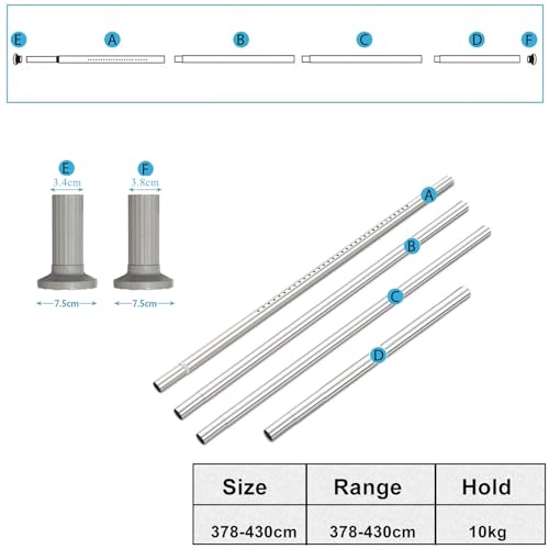 378cm-430cm Long Tension Curtain Rod, No Drilling Extendable Stainless Steel Curtain Pole for Windows and Bathroom,Telescopic Shower Curtain Rod, Room Divider