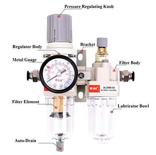 Rih Pneumatics 1/4“ Npt Compressed Air Filter Regulator Lubricator Combo Water/Oil Trap Separator - Gauge(0-150 Psi), Auto Drain, Poly Bowl,Bracket - 3 In 1 Two Unit (1/4“ Npt Auto-Drain) #TOP1