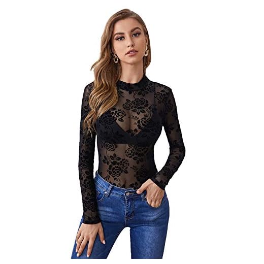 Floerns Women's Star Mesh See Through Mock Neck Long Sleeve Tops Tee T-Shirt Black Floral L