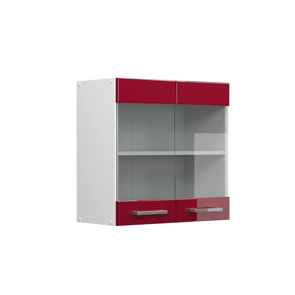 Vicco Armoire Suspendue R-Line, Rouge Bordeaux Haute Brillance, 60cm avec Portes vitrées, pour Le Rangement d’Objets ménagers et Utilitaires