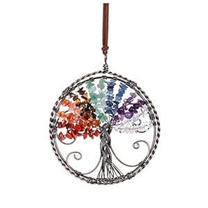 CrystalTears 7 Chakra Healing Crystal Hanging Ornament Handmade Chakra Stones Wire Wrapped Tree of Life Gemstone Car Wall Window Hanging Accessories for Home Car Decor Feng Shui Meditation Yoga Gift
