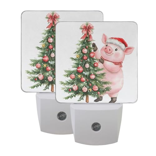 Image of Christmas Tree Pig Night Lights 2 Pack Plug-in Wall Led Nightlight Auto Dusk-to-Dawn Sensor Lamps for Bedroom Kitchen Bathroom