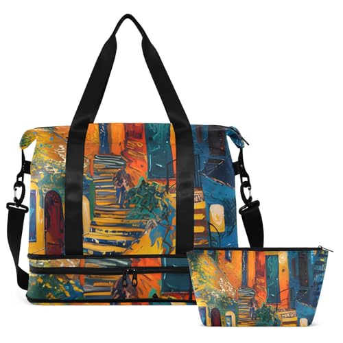 ALAZA Sports Duffel Bags with Toiletry Bag Set,Landscape Architecture Travel Duffel Bags Multi Pockets Weekend Bag