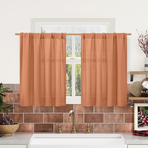 Image of LAMIT Terracotta Linen Curtains 30 Inch Length for Small Window 2 Panels