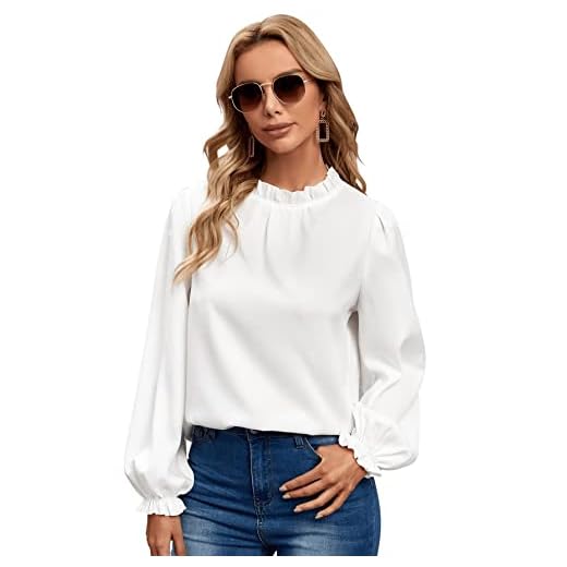 SheIn Dam elegant blus med volangkrage långärmade toppar kontor tunika chiffong långärmad tröja volang ärmar, Vit, M