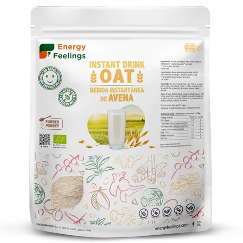 Energy Feelings Bebida de Avena Instantánea en Polvo Ecológica 500g, Sin Gluten y Sin Azúcares Añadidos, Avena Soluble Alta en Carbohidratos para Ganar Masa Muscular