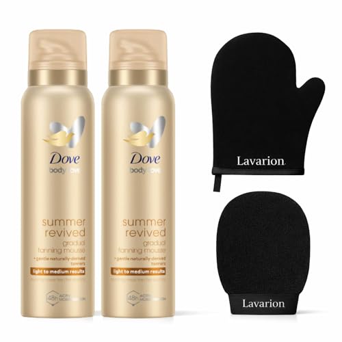 Image of Dove Gradual Tan Mousse Light to Medium 150ml x2 with Lavarion Exfoliating Glove & Tanning Mitt – Self Tan Kit for Face and Body – Streak-Free, Natural Glow Fake Tanning Set for Smooth Application