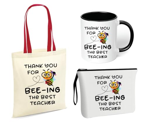 Teachers Day Gift Combo - Stylish Red handled Cotton bag - Two Tone Black Mugs and Cosmetic Pouch - Pack of 3 Combo Set - World Teachers Day - Ideal for Teacher Appreciation Gift