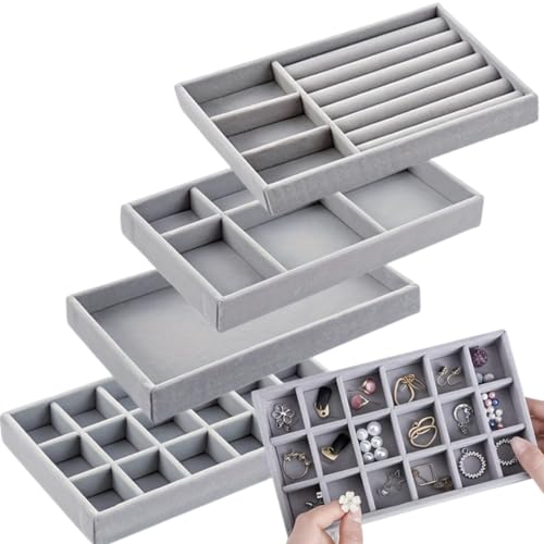Porta Joias Kit de Bandejas Empilháveis de Veludo - Organizador Elegante Multiuso para Closet, Gavetas e Armários - Bandejas de Exibição para Brincos, Pulseiras, Colares e Anéis