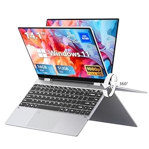 14,1″ Ordenador Portátil 2 en 1, PC Portátil 16GB LPDDR4 512GB SSD, Windows 11 Portatil Celeron N100 CPU, Laptop con Teclado Retroiluminado+Desbloqueo Por Huella Dactilar, Pantalla Táctil Giro de 360°