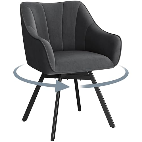 Yaheetech Chaise de Salle à Manger Rotative avec Dossier et Accoudoirs Chaise de Cuisine Roulante Assise en Velours et Pieds en Métal Gris Foncé