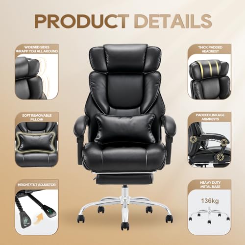 COLAMY Executive Office Chair for home - Ergonomic High Back Desk Chair with Footrest, PU Leather Computer Chair with Removable Lumbar Pillow(Black) - Image 4
