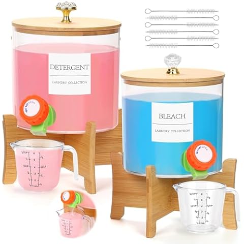 Laundry Detergent Dispenser, 2Pcs Laundry Soap Dispenser with Stand, Faucets Acrylic Laundry Detergent Container for Laundry Room Liquid Detergent, Bleach, Fabric Softener Organization and Storage Cover