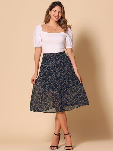 Allegra K Women's Floral Skirt A-Line Midi Skirt Chiffon Elegant 2025 Fall Skirts2