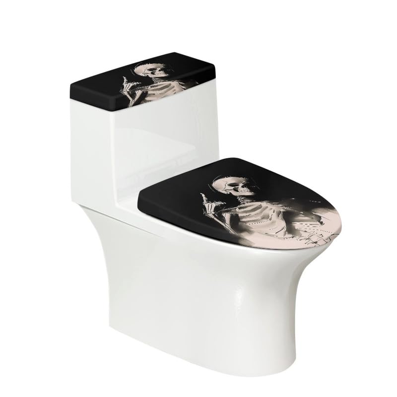 Daulesho Black White Skull 2 Pieces Toilet Lid Cover Sets Hand Draw Skull Toilet Lid Tank Lid Dust Cover Funny Gothic Skeleton Universal Fit Toilet Covers Bathroom Decor