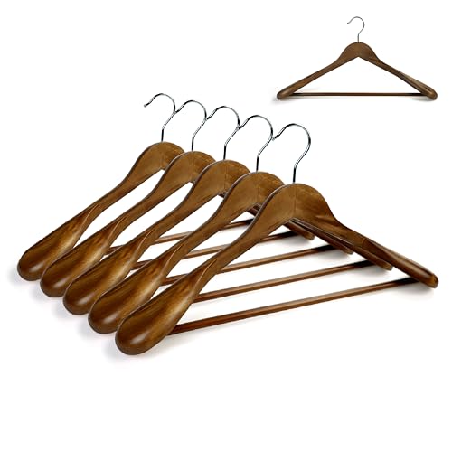 6点セット 高級木製ハンガー スーツ ジャケット コート かたくずれ防止 滑り止め加工バー スーツハンガー 360度回転 クローゼット 厚さ5.5cm (ダークブラウン)