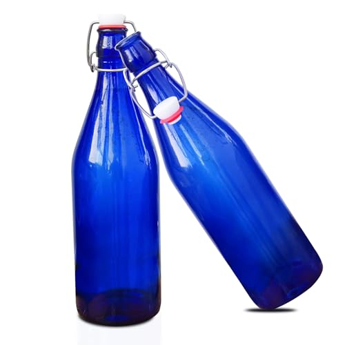 Image of Pure Source India Leak-Proof Reusable Blue Glass Water Bottle 1L with Airtight Steel Lock (Set of 6)