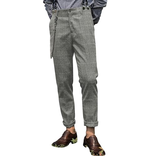 Aesido Black Trousers Mens Slim Fit Herringbone Tweed Wool Plaid Trousers Retro Dress Business Suit Pants（grey40W*32L）